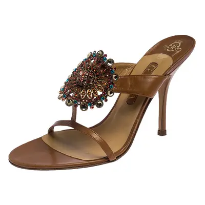 Gina Brown Leather Embellished Strappy Sandals Size