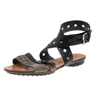 Tod's Black/Grey Leather Flat Sandals Size