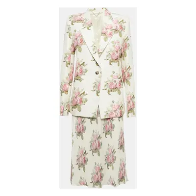 Paco Rabanne Cream Rose Print Cotton and Plisse Skirt Suit M/L