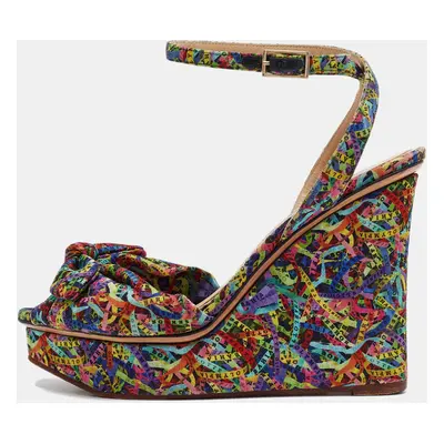 Charlotte Olympia Multicolor Printed Fabric Knotted Bow Ankle Strap Wedge Sandals Size 39.5