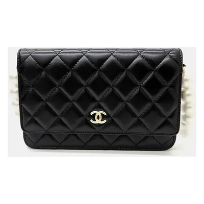 Chanel Black Leather Pearl WOC Mini Cross Bag