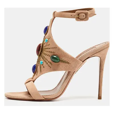 Aquazzura Beige Suede Embroidered and Studded T-Bar Ankle Strap Sandals Size