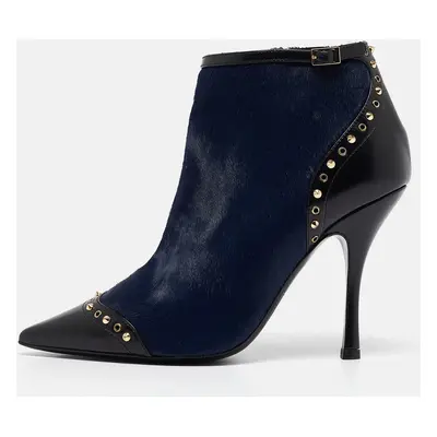 Dsquared2 Black/Blue Calfhair and Leather Studded Heeled Ankle Length Boots Size