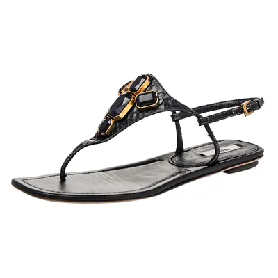 Prada Black Python Embellished Thong Flat Sandals Size