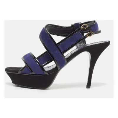 Saint Laurent Navy Blue/Patent Leather Platform Ankle Strap Sandals Size 37.5