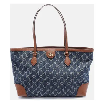 Gucci Navy Brown Leather Denim Medium GG Tote Bag