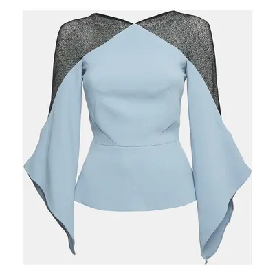 Roland Mouret Blue Crepe Lace Trimmed Flare Sleeve Top