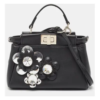 Fendi Black Leather Micro Crystal Embellished Peekaboo Crossbody Bag