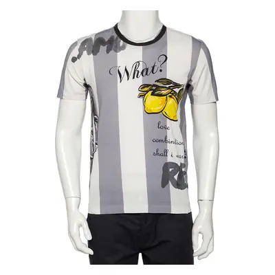 Dolce & Gabbana White & Grey Striped Lemon Printed Cotton Crewneck T-Shirt