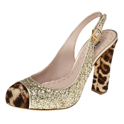 Miu Miu Tri-Color Coarse Glitter and Leopard Print Calf Hair Cap-Toe Slingback Pumps Size 37.5