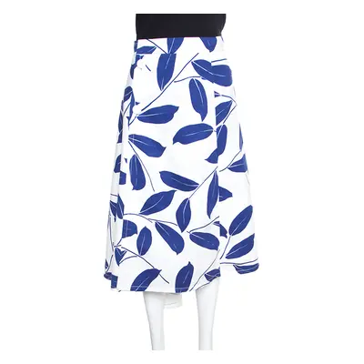 Marni White and Blue Leaf Print Cotton and Linen Drill Wrap Skirt