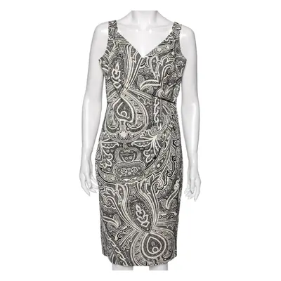 Max Mara Monochrome Paisley Printed Cotton Draped Detail Dress