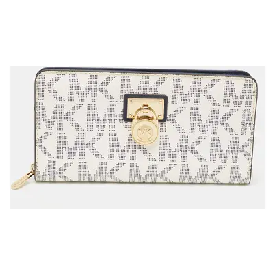 Michael Kors White/Blue Signature Coated Canvas Hamilton Zip Around Wallet