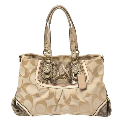 Coach Beige Signature Canvas And Python Embossed Leather Ashley Tote