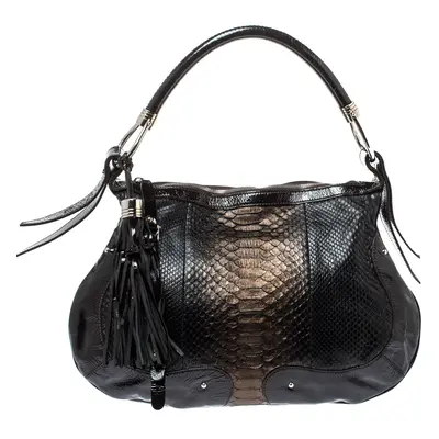 Aigner Dark Brown Python and Patent Leather Tassel Hobo