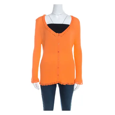 Escada Orange Rib Knit Crochet Trim Button Front Cardigan