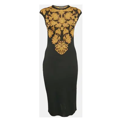 Alexander McQueen Black Floral Intarsia Rib Knit Bodycon Dress