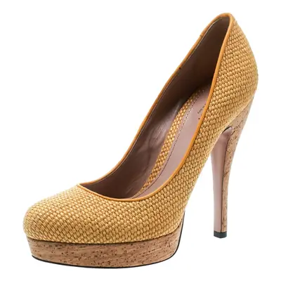 Gucci Yellow Woven Jute Bumblebee Cork Platform Pumps Size