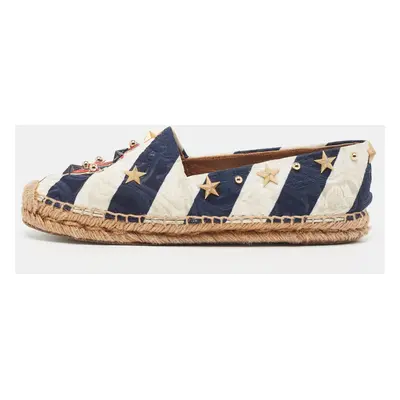 Dolce & Gabbana Navy Blue/White Striped Brocade Fabric Star Studded Espadrille Flats Size