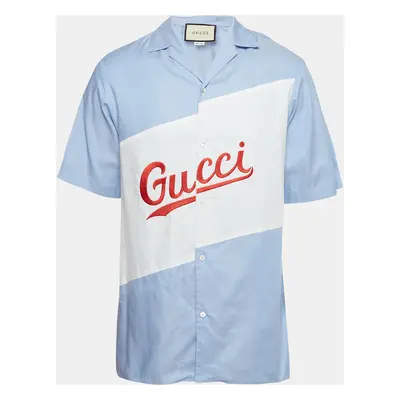 Gucci Blue Logo Embroidered Cotton Loose Fit Bowling Shirt