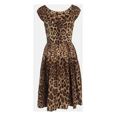 Dolce & Gabbana Brown Leopard Print Cotton Gathered Midi Dress