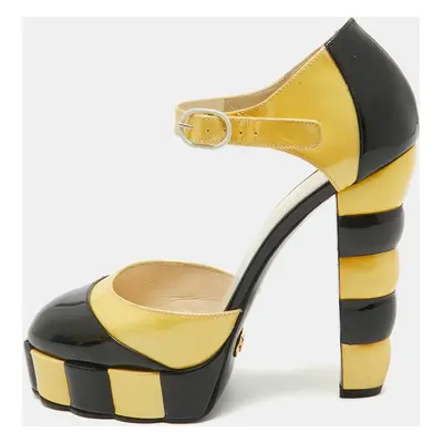 Chanel Yellow/Black Patent Leather Platform Ankle Strap Pumps Size