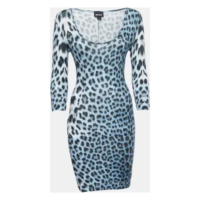 Just Cavalli Blue Leopard Print Knit Long Sleeve Mini Dress