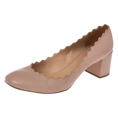 Chloe Beige Leather Lauren Scallop Trim Block Heel Pumps Size 40.5