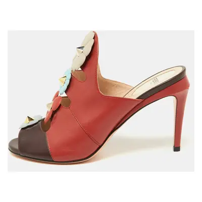 Fendi Red/Dark Brown Leather Flowerland Mules Size