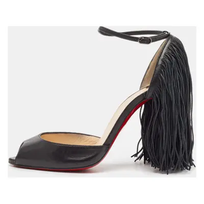 Christian Louboutin Black Leather Otrot Fringe Ankle-Strap Sandals Size 36.5