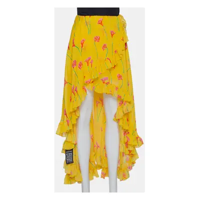 Caroline Constas Yellow Printed Silk Ruffled Asymmetric Hem Adelle Midi Skirt