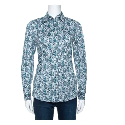 Etro Teal Blue Paisley Printed Stretch Cotton Shirt