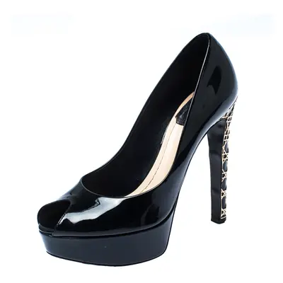 Dior Black Patent Leather Cannage Heel Peep Toe Pumps Size