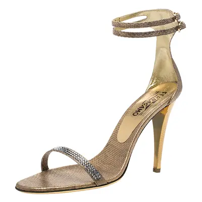 Salvatore Ferragamo Gold Snakeskin Tirosana Ankle Strap Sandals Size 40.5