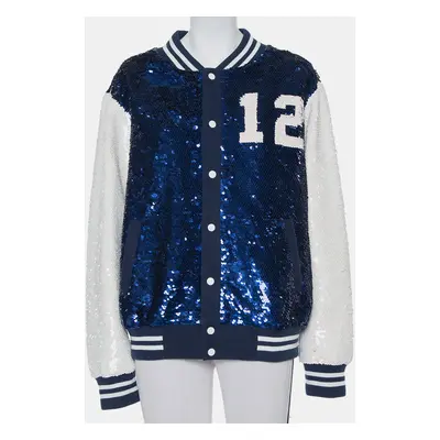 Ashish Navy Blue & White Sequin Embellished Button Front Jacket