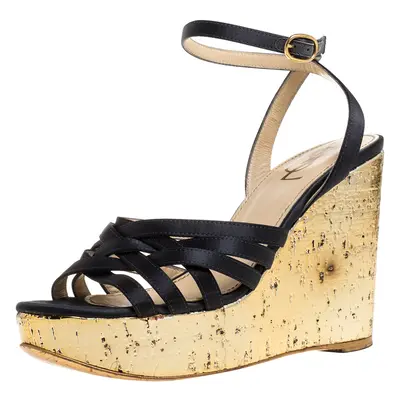 Yves Saint Laurent Paris Dark Grey/Gold Satin Strappy Ankle Strap Wedge Sandals Size