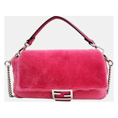 Fendi Pink Fur and Leather Trim Baguette Bag