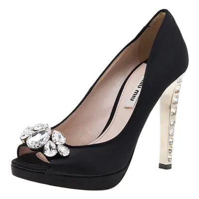 Miu Miu Black Satin Crystal Embellished Peep Toe Pumps Size 37.5