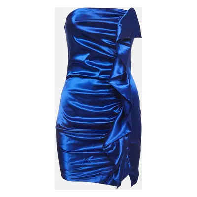 Collini Royal Blue Satin Ruched Strapless Mini Dress