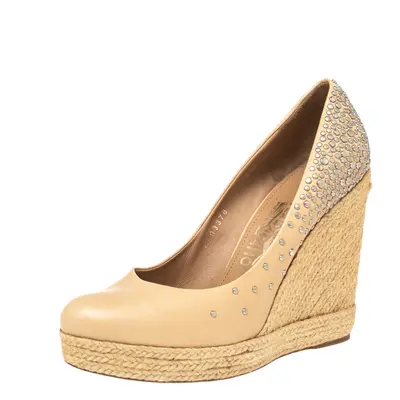 Salvatore Ferragamo Beige Studded Leather Espadrille Wedge Platform Pumps Size