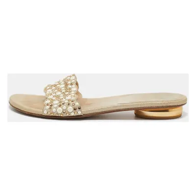 Stuart Weitzman Beige Textured Suede Studded Thong Slides Size