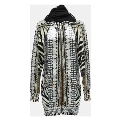 Roberto Cavalli Black/White Printed Velvet Zip Front Hooded Jacket