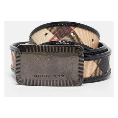 Burberry Black/Beige Nova Check PVC and Patent Leather Logo Plague Belt 100CM