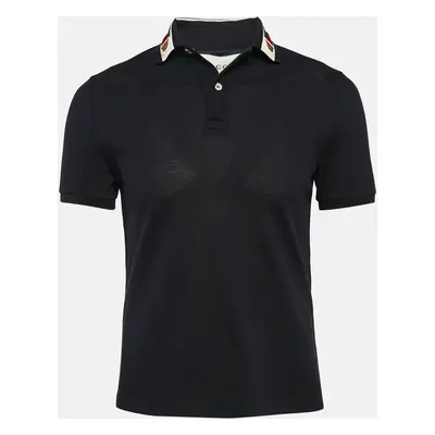 Gucci Navy Blue Web Collar Pique Jersey Polo T-Shirt