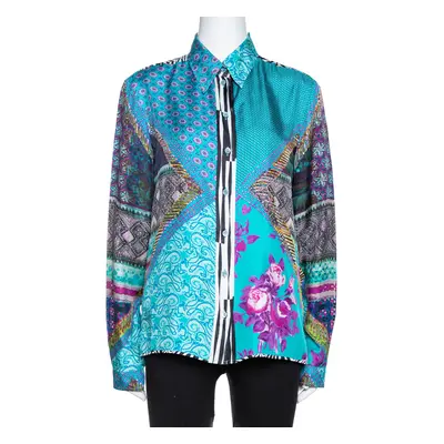 Etro Teal Blue Floral Print Silk Long Sleeve Shirt