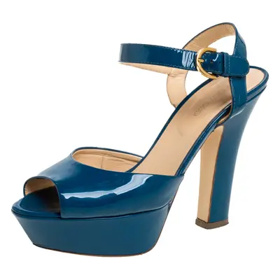 Sergio Rossi Blue Patent Leather Platform Peep Toe Ankle Strap Sandals