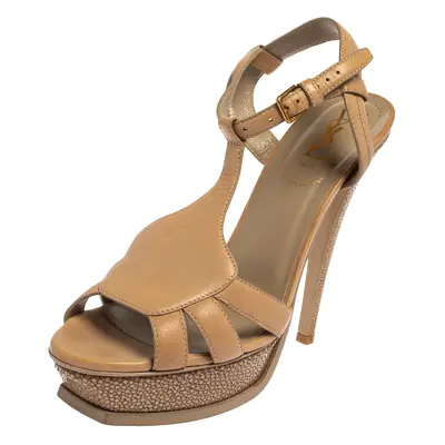 Saint Laurent Beige Leather and Textured Leather Ankle Strap Platform Sandals Size