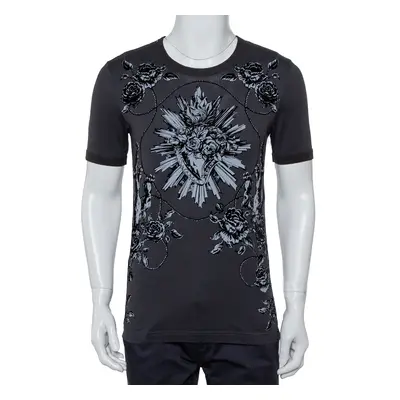 Dolce & Gabbana Grey Sacred Heart Flock Print Cotton T-Shirt