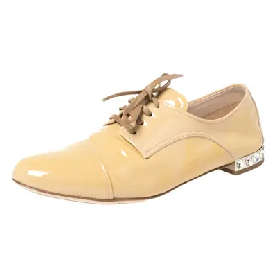 Miu Miu Beige Patent Leather Crystal Embellished Heel Lace Derby Size