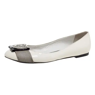 Giuseppe Zanotti White Patent Leather And Striped Fabric Crystal Embellished Ballet Flats Size